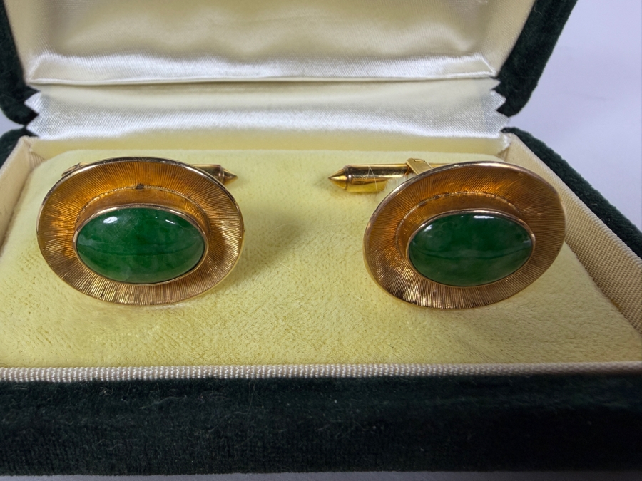 14k Gold Green Jade Stone Cufflinks 10.0g [Photo 4]