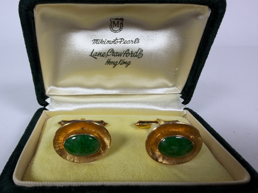 14k Gold Green Jade Stone Cufflinks 10.0g [Photo 3]