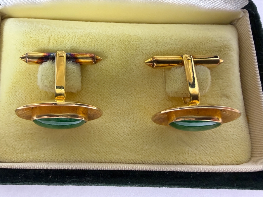 14k Gold Green Jade Stone Cufflinks 10.0g [Photo 5]