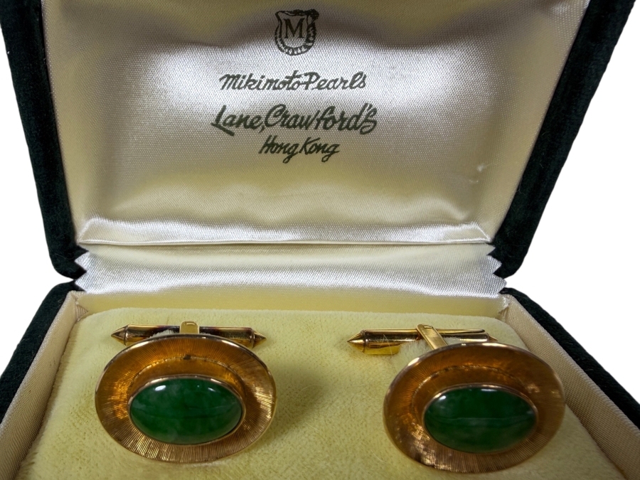 14k Gold Green Jade Stone Cufflinks 10.0g