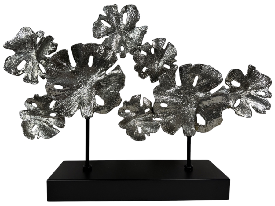 Uttermost Contemporary Lotus Flower Metal Tabletop Sculpture, Distressed Silver Leaf Botanical Art On Matte Black Iron Base, 26'W x 18.25'H