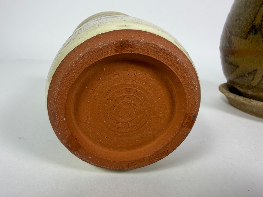 Handmade Studio Art Pottery Assortment, Earthy Glazed Stoneware Vases, Planter, And Bamboo Handled Crock Set, 4.5'H - 6'H [Photo 9]