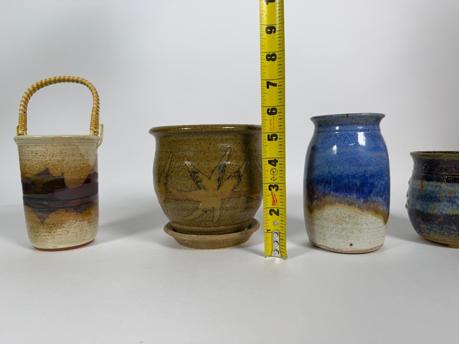 Handmade Studio Art Pottery Assortment, Earthy Glazed Stoneware Vases, Planter, And Bamboo Handled Crock Set, 4.5'H - 6'H [Photo 10]