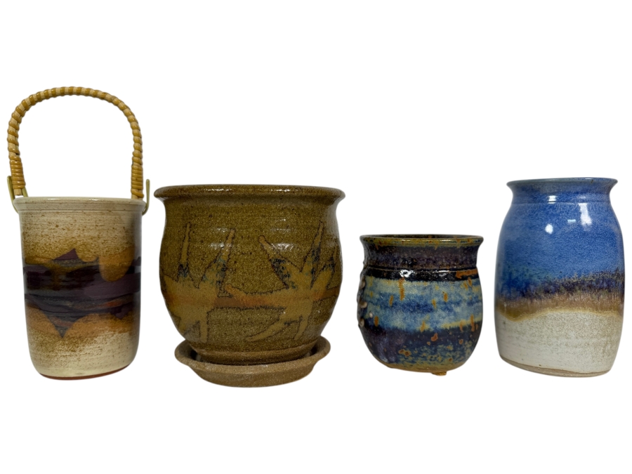 Handmade Studio Art Pottery Assortment, Earthy Glazed Stoneware Vases, Planter, And Bamboo Handled Crock Set, 4.5'H - 6'H