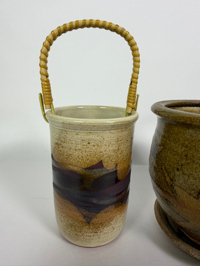 Handmade Studio Art Pottery Assortment, Earthy Glazed Stoneware Vases, Planter, And Bamboo Handled Crock Set, 4.5'H - 6'H [Photo 5]