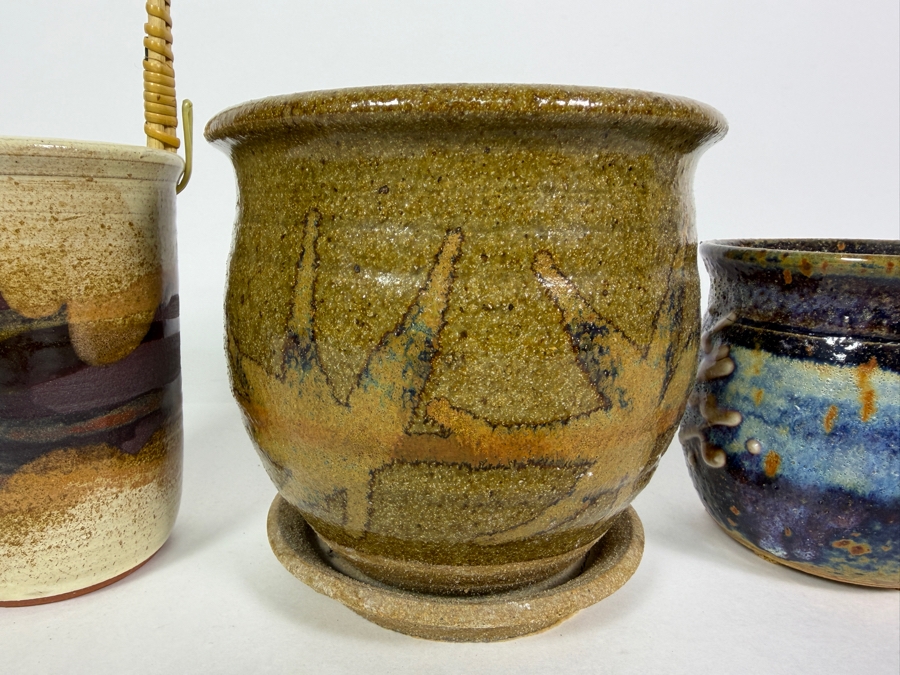 Handmade Studio Art Pottery Assortment, Earthy Glazed Stoneware Vases, Planter, And Bamboo Handled Crock Set, 4.5'H - 6'H [Photo 2]