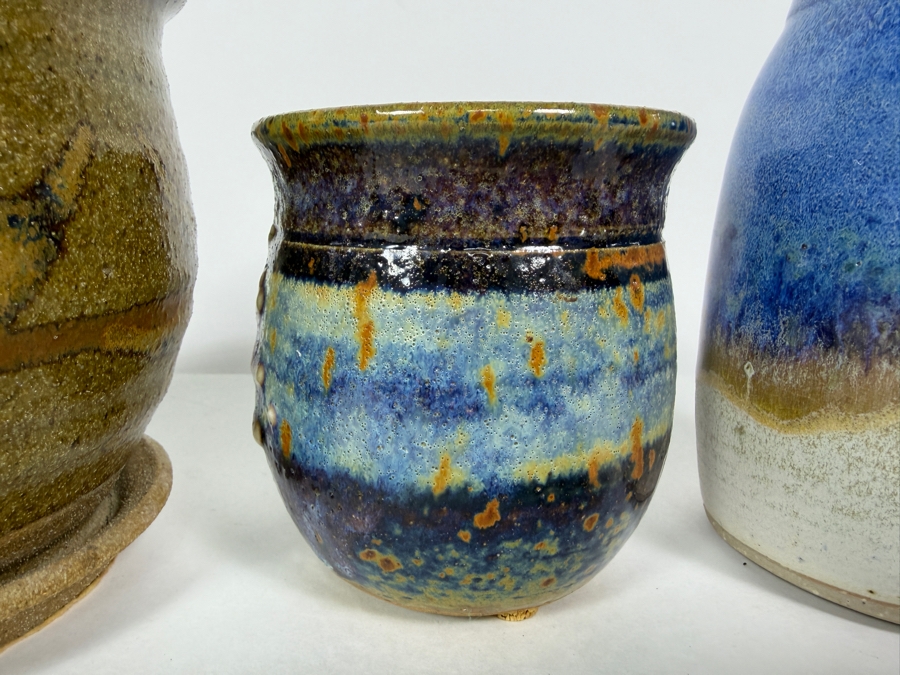 Handmade Studio Art Pottery Assortment, Earthy Glazed Stoneware Vases, Planter, And Bamboo Handled Crock Set, 4.5'H - 6'H [Photo 3]