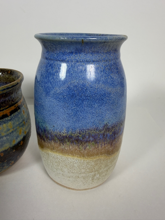 Handmade Studio Art Pottery Assortment, Earthy Glazed Stoneware Vases, Planter, And Bamboo Handled Crock Set, 4.5'H - 6'H [Photo 4]