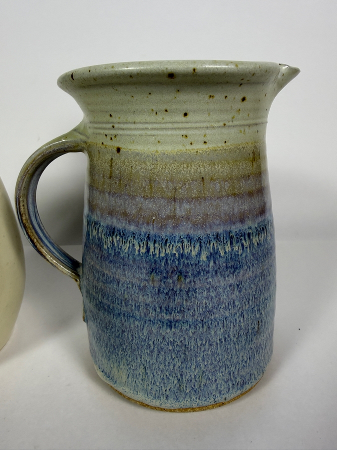 Handcrafted Studio Art Pottery Pitchers Set, Vintage Brown Drip Glaze Cream Stoneware Jug and Speckled Blue Lavender Ovoid Ceramic Pitcher, 7' - 9'H [Photo 4]