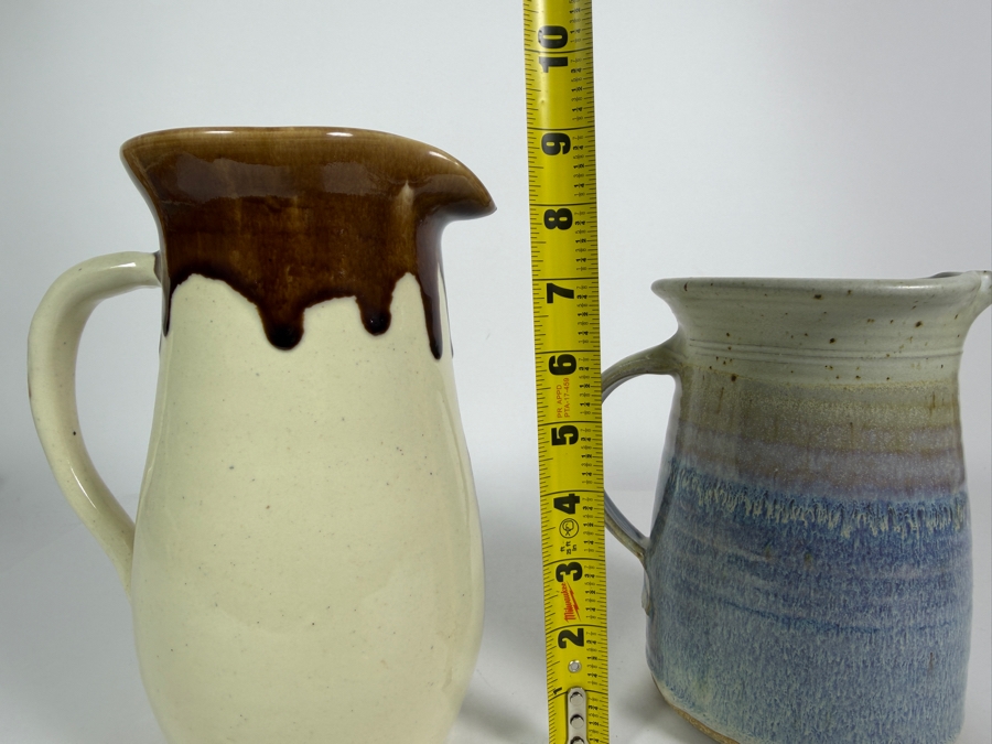 Handcrafted Studio Art Pottery Pitchers Set, Vintage Brown Drip Glaze Cream Stoneware Jug and Speckled Blue Lavender Ovoid Ceramic Pitcher, 7' - 9'H [Photo 11]