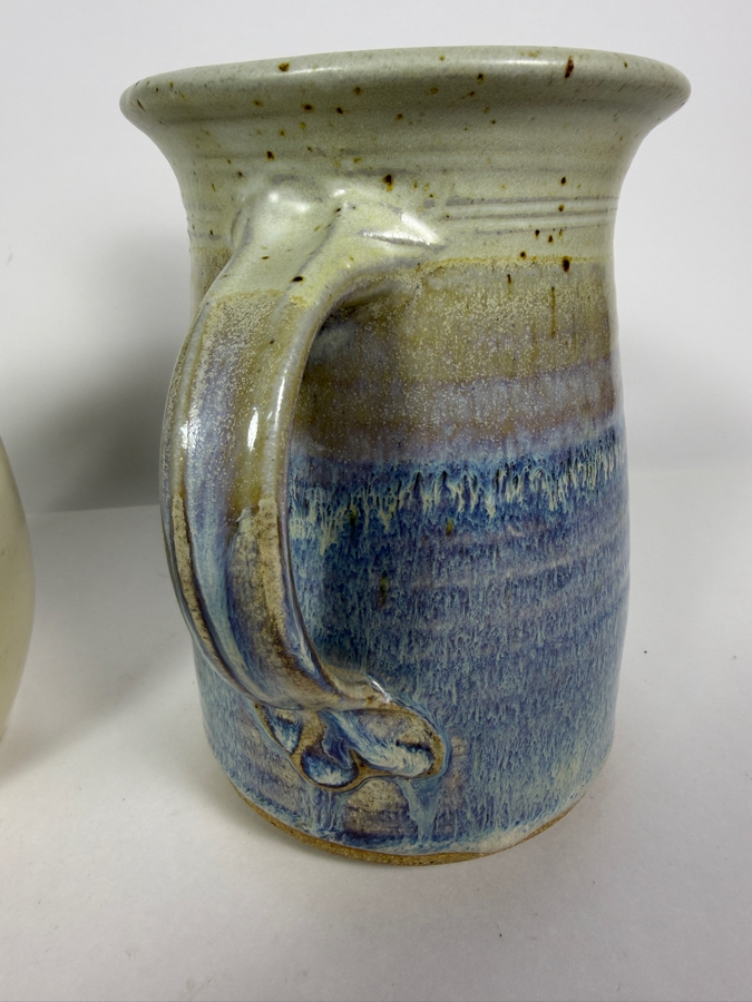 Handcrafted Studio Art Pottery Pitchers Set, Vintage Brown Drip Glaze Cream Stoneware Jug and Speckled Blue Lavender Ovoid Ceramic Pitcher, 7' - 9'H [Photo 5]