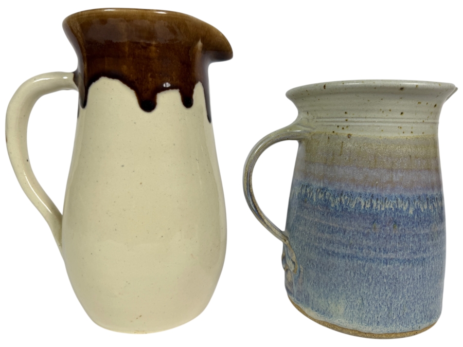 Handcrafted Studio Art Pottery Pitchers Set, Vintage Brown Drip Glaze Cream Stoneware Jug and Speckled Blue Lavender Ovoid Ceramic Pitcher, 7' - 9'H