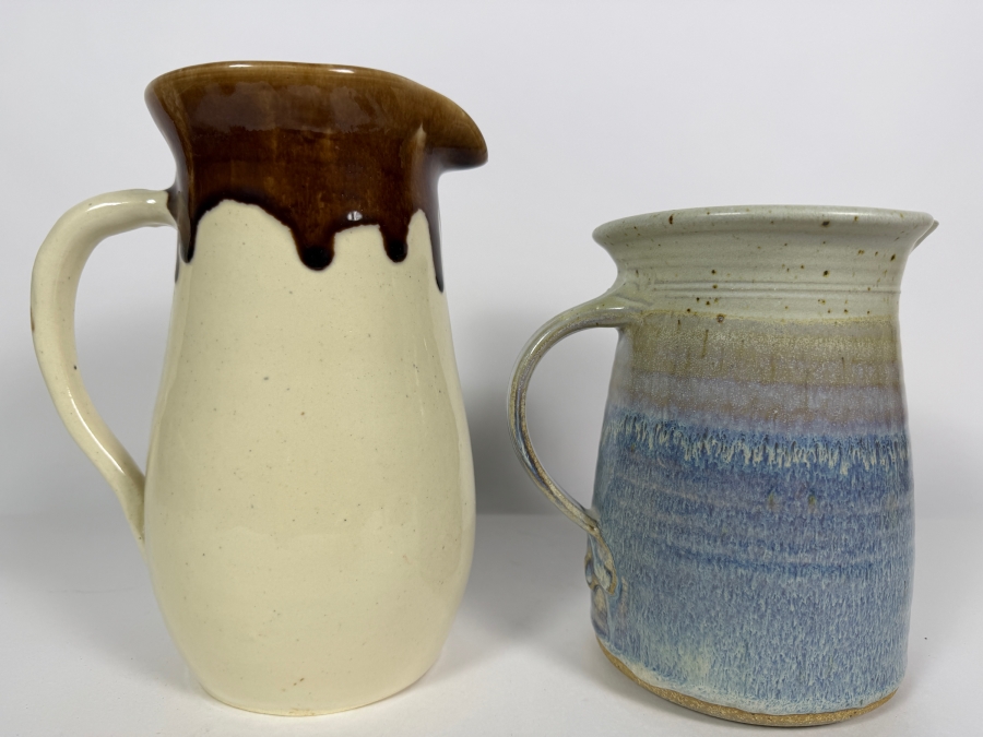 Handcrafted Studio Art Pottery Pitchers Set, Vintage Brown Drip Glaze Cream Stoneware Jug and Speckled Blue Lavender Ovoid Ceramic Pitcher, 7' - 9'H [Photo 2]