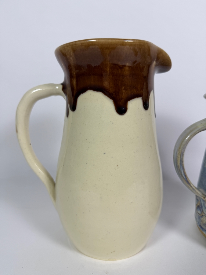 Handcrafted Studio Art Pottery Pitchers Set, Vintage Brown Drip Glaze Cream Stoneware Jug and Speckled Blue Lavender Ovoid Ceramic Pitcher, 7' - 9'H [Photo 3]