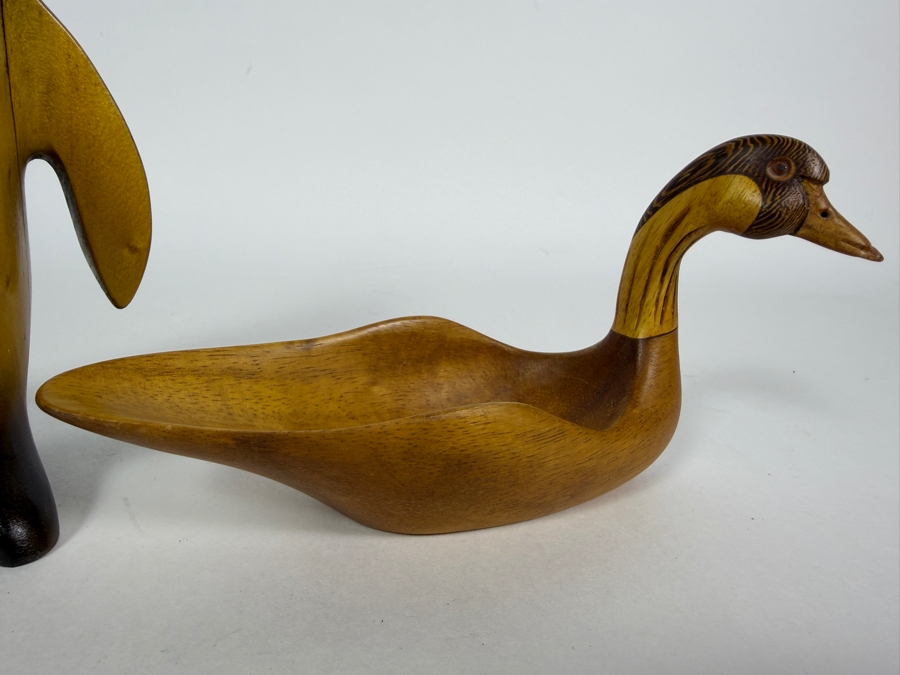 Vintage Mid-Century Hand Carved Wooden Animal Sculptures, Stylized Polished Penguin Figurine And Signed Duck Shaped Decorative Bowl Set, 3'H and 6'H [Photo 2]