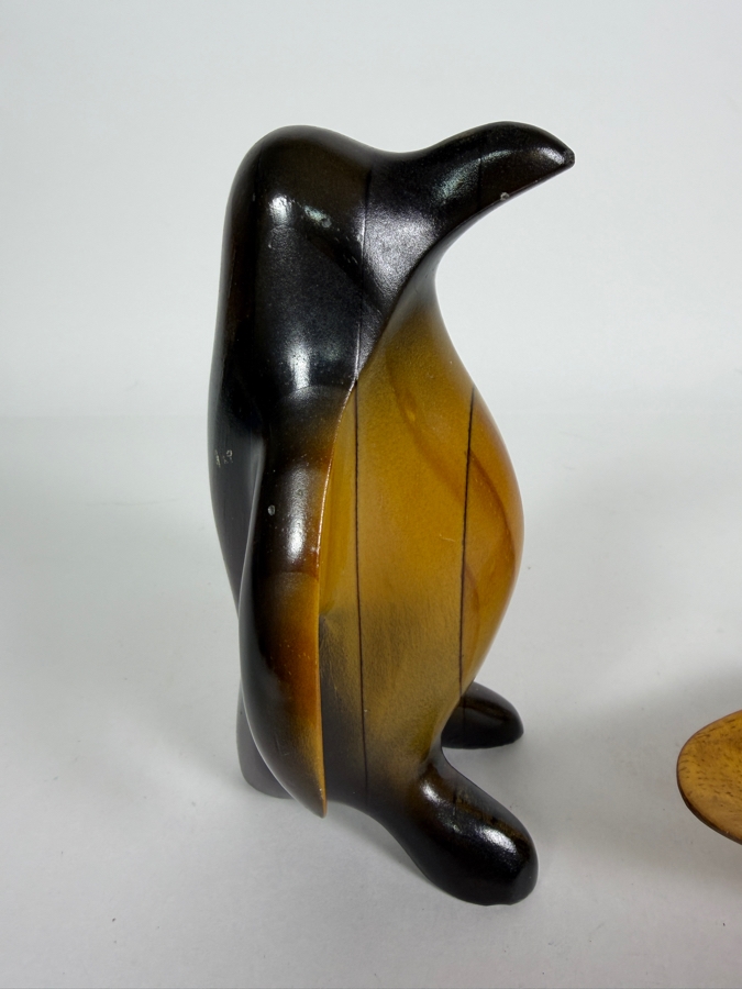 Vintage Mid-Century Hand Carved Wooden Animal Sculptures, Stylized Polished Penguin Figurine And Signed Duck Shaped Decorative Bowl Set, 3'H and 6'H [Photo 6]