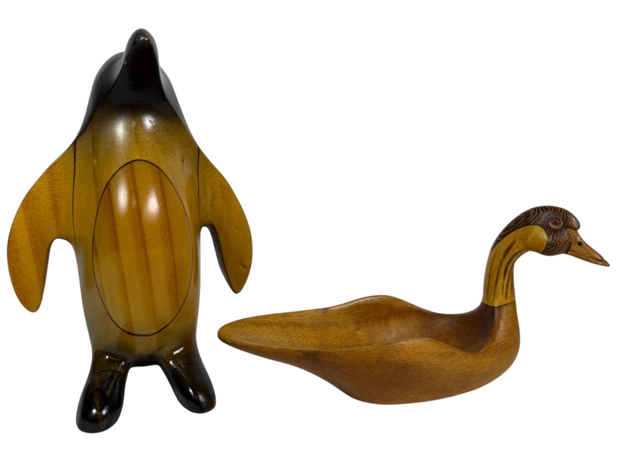 Vintage Mid-Century Hand Carved Wooden Animal Sculptures, Stylized Polished Penguin Figurine And Signed Duck Shaped Decorative Bowl Set, 3'H and 6'H