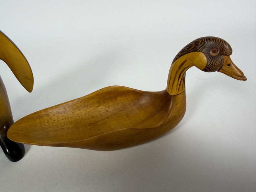 Vintage Mid-Century Hand Carved Wooden Animal Sculptures, Stylized Polished Penguin Figurine And Signed Duck Shaped Decorative Bowl Set, 3'H and 6'H [Photo 4]