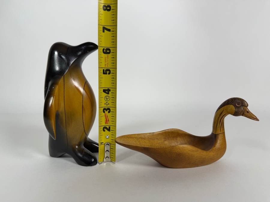Vintage Mid-Century Hand Carved Wooden Animal Sculptures, Stylized Polished Penguin Figurine And Signed Duck Shaped Decorative Bowl Set, 3'H and 6'H [Photo 7]