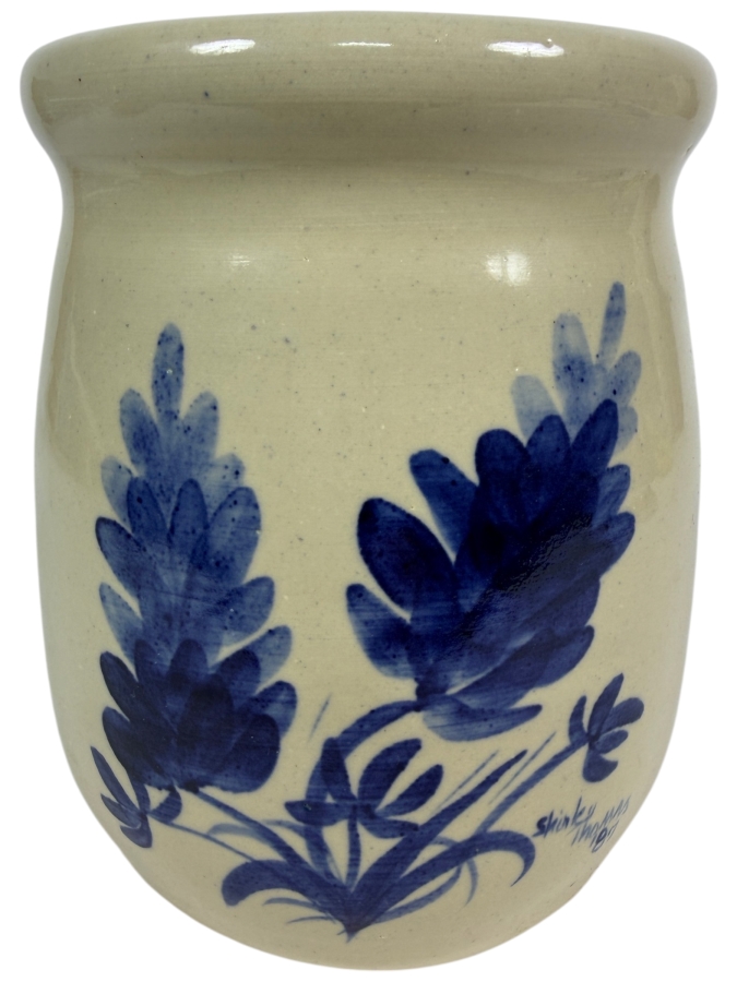 P R Storie Pottery Handthrown Stoneware Crock, Cobalt Blue Texas Bluebonnets Hand Painted Design Signed By Shirley Thomas, Marshall Texas Ceramic Kitchen Utensil Holder, 6'H