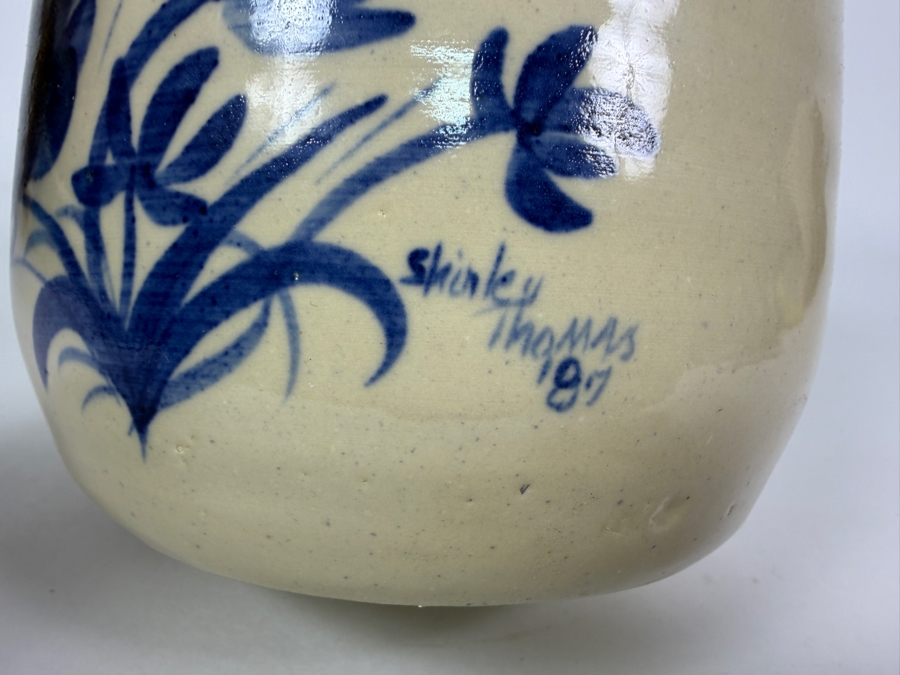 P R Storie Pottery Handthrown Stoneware Crock, Cobalt Blue Texas Bluebonnets Hand Painted Design Signed By Shirley Thomas, Marshall Texas Ceramic Kitchen Utensil Holder, 6'H [Photo 2]