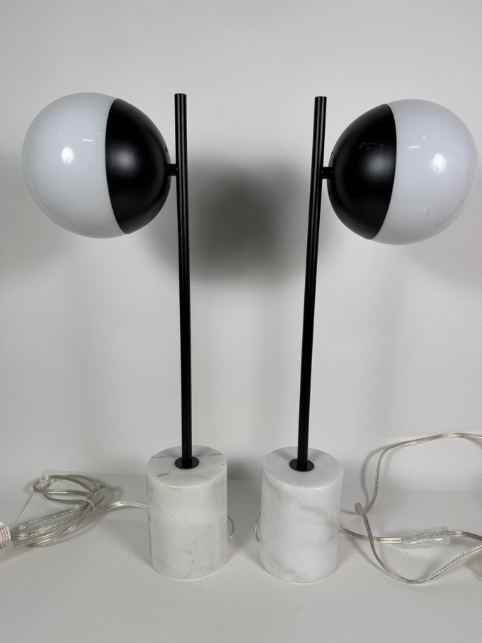 Elegant Lighting Eclipse Mid-Century Modern Style One Light Table Lamps, Frosted White Glass Spherical Globe Shade With Matte Black Cap On Cylindrical White Marble Pedestal Base Pair, 22'H [Photo 3]