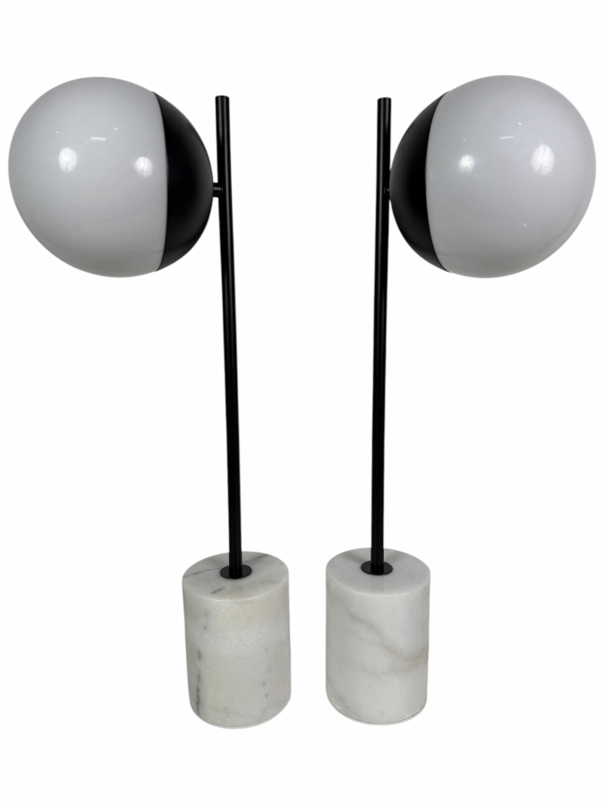 Elegant Lighting Eclipse Mid-Century Modern Style One Light Table Lamps, Frosted White Glass Spherical Globe Shade With Matte Black Cap On Cylindrical White Marble Pedestal Base Pair, 22'H