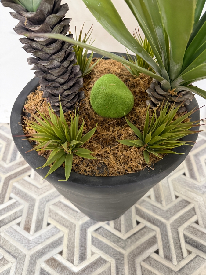 Artificial Double Trunk Yucca Agave Trees Pair, Faux Desert Plants With Faux Moss Balls And Groundcover Accents In Tall Tapered Cylindrical Matte Black Contemporary Floor Planters, 45'H [Photo 3]