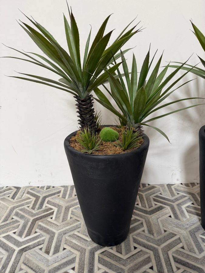 Artificial Double Trunk Yucca Agave Trees Pair, Faux Desert Plants With Faux Moss Balls And Groundcover Accents In Tall Tapered Cylindrical Matte Black Contemporary Floor Planters, 45'H [Photo 2]