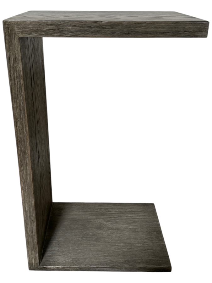 Minimalist C Shaped Grey Oak Veneer Accent Table, Cantilevered Sofa Side End Table, Mitered Edge Snack Tray, 16'W x 12'D X 26'H