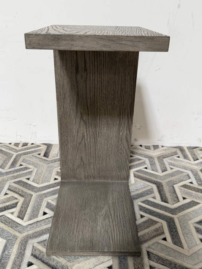Minimalist C Shaped Grey Oak Veneer Accent Table, Cantilevered Sofa Side End Table, Mitered Edge Snack Tray, 16'W x 12'D X 26'H [Photo 3]