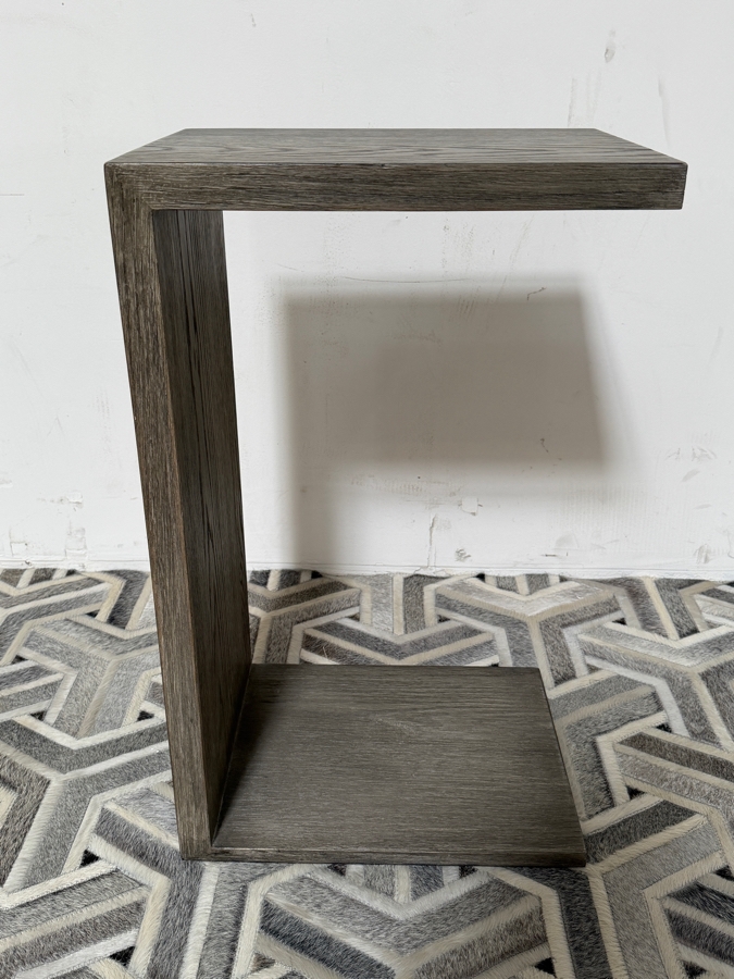 Minimalist C Shaped Grey Oak Veneer Accent Table, Cantilevered Sofa Side End Table, Mitered Edge Snack Tray, 16'W x 12'D X 26'H [Photo 2]