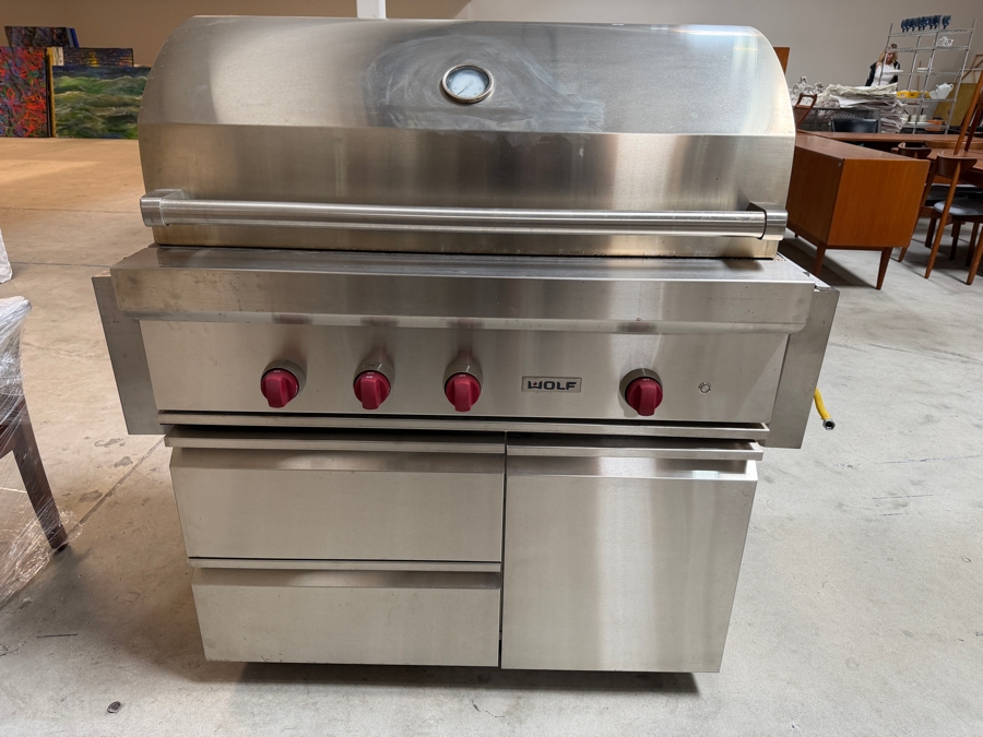 Wolf Stainless Steel Built In Outdoor Gas Grill Model #OG54 On Mobile Storage Cart Model #CART54, Signature Red Knobs, 54'W Grill Retails $11,200 And Cart $2,200 Converted to Natural Gas, Can Revert To Propane [Photo 2]