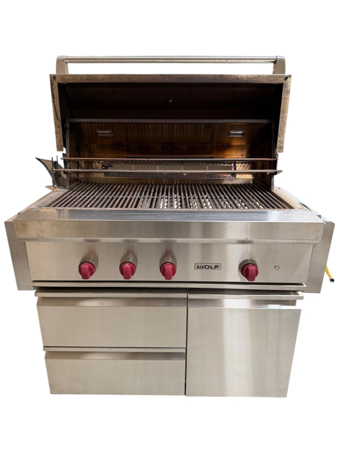 Wolf Stainless Steel Built In Outdoor Gas Grill Model #OG54 On Mobile Storage Cart Model #CART54, Signature Red Knobs, 54'W Grill Retails $11,200 And Cart $2,200 Converted to Natural Gas, Can Revert To Propane