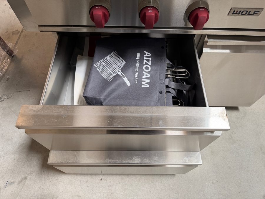 Wolf Stainless Steel Built In Outdoor Gas Grill Model #OG54 On Mobile Storage Cart Model #CART54, Signature Red Knobs, 54'W Grill Retails $11,200 And Cart $2,200 Converted to Natural Gas, Can Revert To Propane [Photo 4]