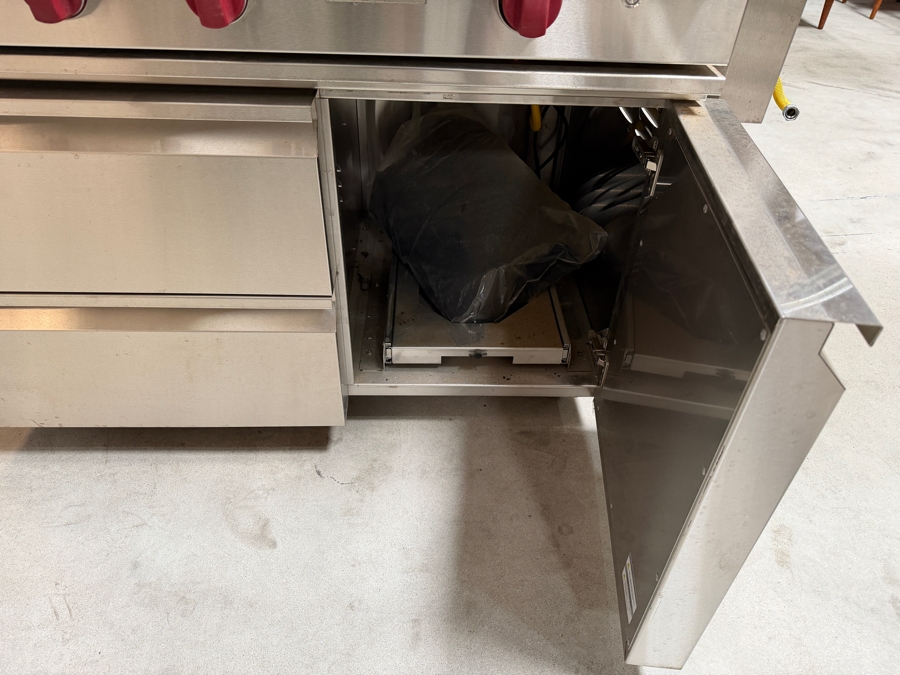 Wolf Stainless Steel Built In Outdoor Gas Grill Model #OG54 On Mobile Storage Cart Model #CART54, Signature Red Knobs, 54'W Grill Retails $11,200 And Cart $2,200 Converted to Natural Gas, Can Revert To Propane [Photo 3]