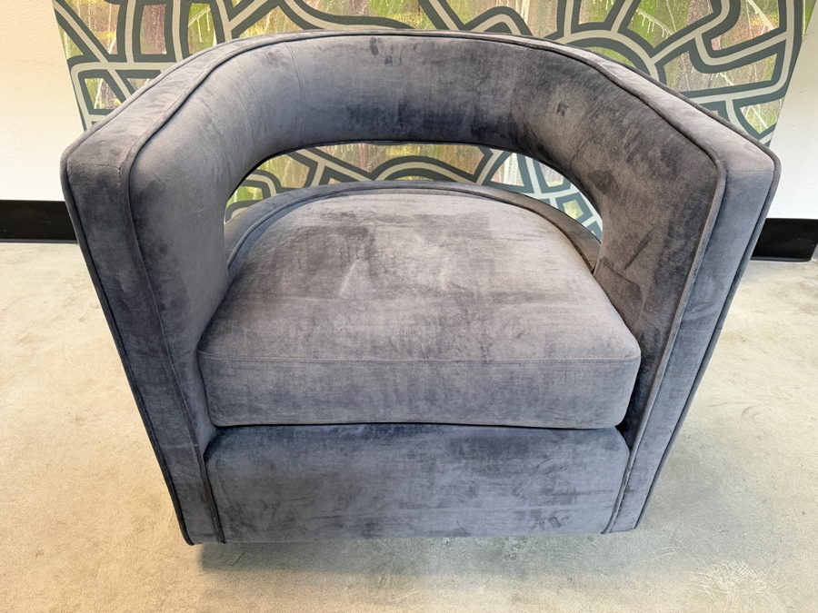 TOV Furniture Kennedy Grey Velvet Swivel Accent Chair, Mid-Century Rounded Barrel Back Club Armchair With Accent Pillow, 30'W X 30'D X 28'H Retails $599 [Photo 8]