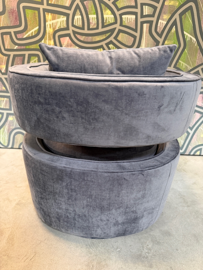 TOV Furniture Kennedy Grey Velvet Swivel Accent Chair, Mid-Century Rounded Barrel Back Club Armchair With Accent Pillow, 30'W X 30'D X 28'H Retails $599 [Photo 4]