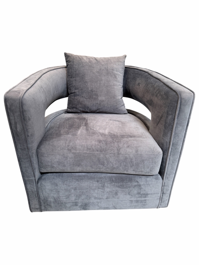 TOV Furniture Kennedy Grey Velvet Swivel Accent Chair, Mid-Century Rounded Barrel Back Club Armchair With Accent Pillow, 30'W X 30'D X 28'H Retails $599