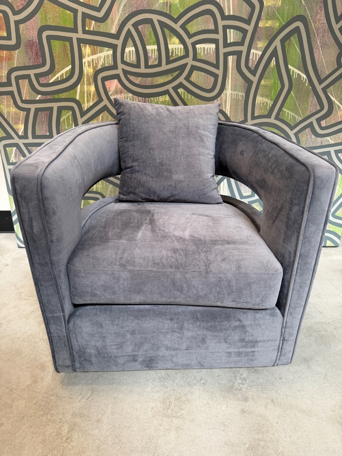 TOV Furniture Kennedy Grey Velvet Swivel Accent Chair, Mid-Century Rounded Barrel Back Club Armchair With Accent Pillow, 30'W X 30'D X 28'H Retails $599 [Photo 5]