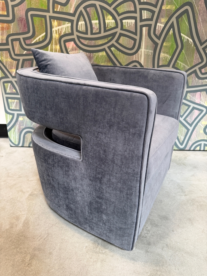TOV Furniture Kennedy Grey Velvet Swivel Accent Chair, Mid-Century Rounded Barrel Back Club Armchair With Accent Pillow, 30'W X 30'D X 28'H Retails $599 [Photo 2]