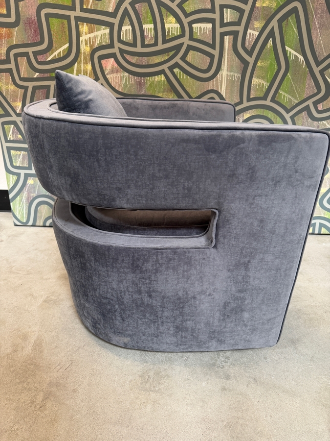 TOV Furniture Kennedy Grey Velvet Swivel Accent Chair, Mid-Century Rounded Barrel Back Club Armchair With Accent Pillow, 30'W X 30'D X 28'H Retails $599 [Photo 3]