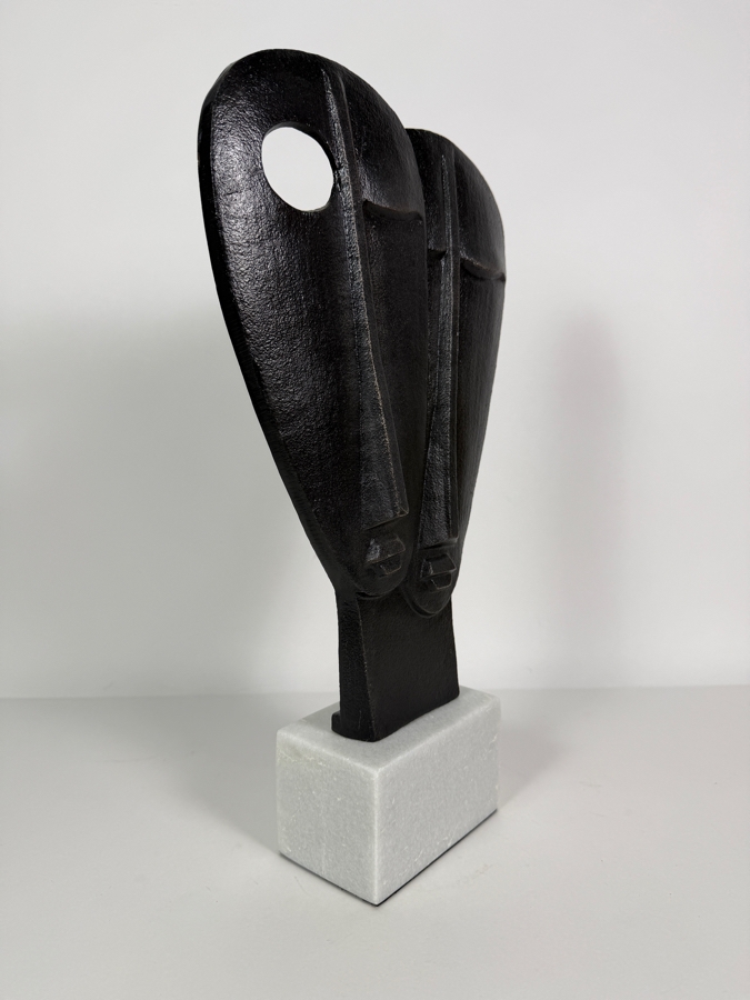 Uttermost Giuseppe Abstract Twin Faces Bronze Sculpture, Textured Cast Iron Geometric Two Mask Statue On White Marble Cube Base, 17'H [Photo 2]