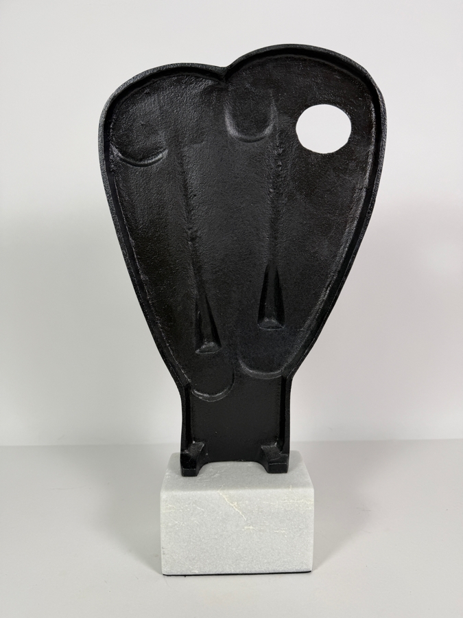 Uttermost Giuseppe Abstract Twin Faces Bronze Sculpture, Textured Cast Iron Geometric Two Mask Statue On White Marble Cube Base, 17'H [Photo 3]