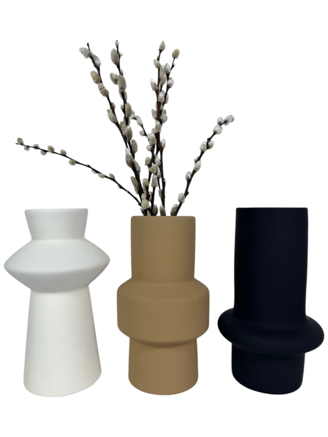 Modern Minimalist Ceramic Vase Trio, Matte White Beige And Black Geometric Terracotta Vases Set With Faux Pussy Willow Stems Accent, 8'H