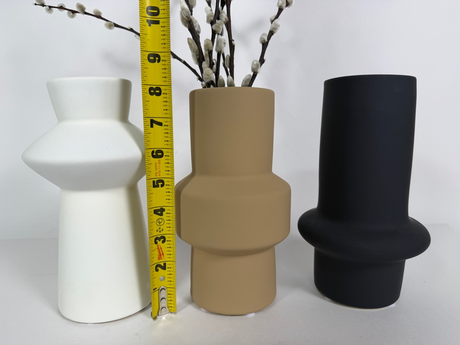 Modern Minimalist Ceramic Vase Trio, Matte White Beige And Black Geometric Terracotta Vases Set With Faux Pussy Willow Stems Accent, 8'H [Photo 3]