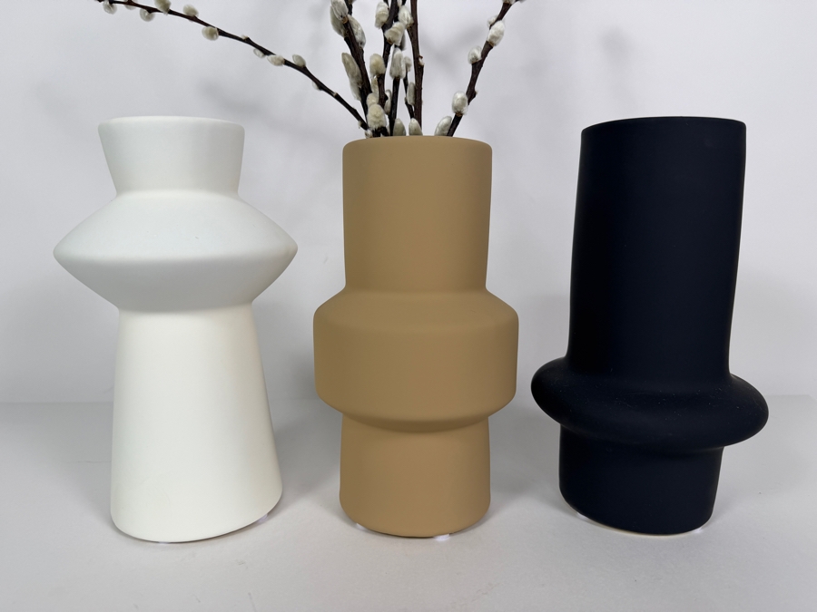 Modern Minimalist Ceramic Vase Trio, Matte White Beige And Black Geometric Terracotta Vases Set With Faux Pussy Willow Stems Accent, 8'H [Photo 2]