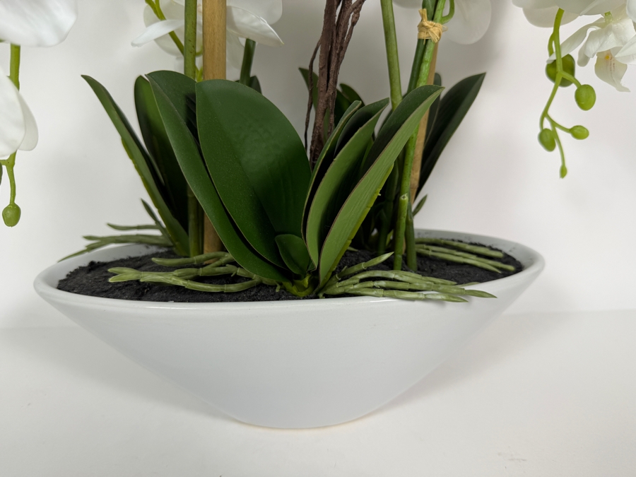 Artificial White Phalaenopsis Orchid Arrangement, Faux Silk Floral Display In White Ceramic Boat Vase, 24'H [Photo 4]