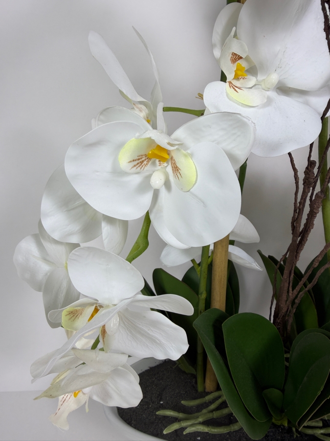 Artificial White Phalaenopsis Orchid Arrangement, Faux Silk Floral Display In White Ceramic Boat Vase, 24'H [Photo 3]