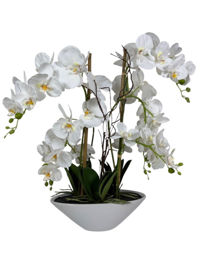Artificial White Phalaenopsis Orchid Arrangement, Faux Silk Floral Display In White Ceramic Boat Vase, 24'H